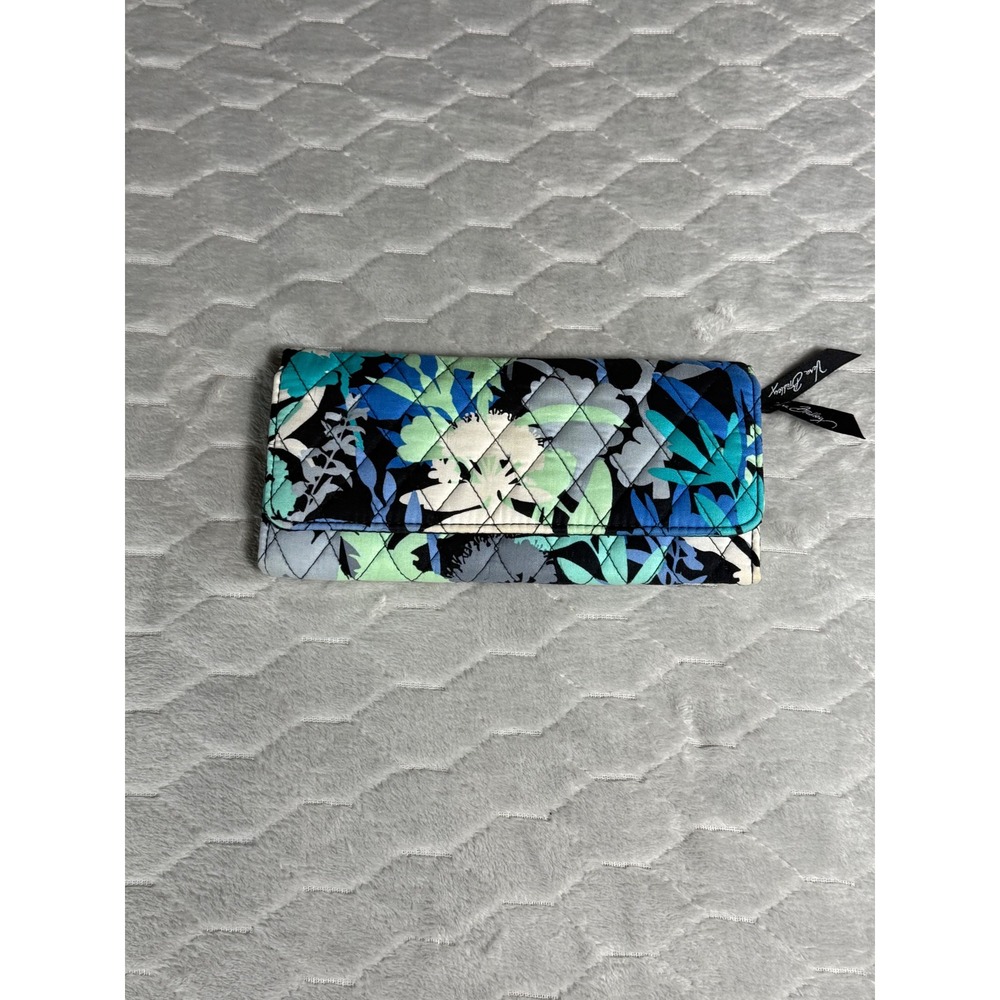 Vera Bradley Turnlock Wallet Blue Green Black Floral Quilted Cotton Trifold